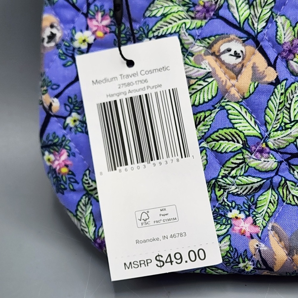 NWT Vera Bradley Purple Sloth Hanging Around Medium Cosmetic Bag Plastic Lining - Picture 3 of 8